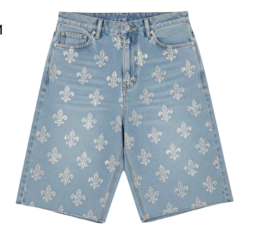 Fleur-de-Lis Rhinestone Denim Shorts Black (Pre-order)