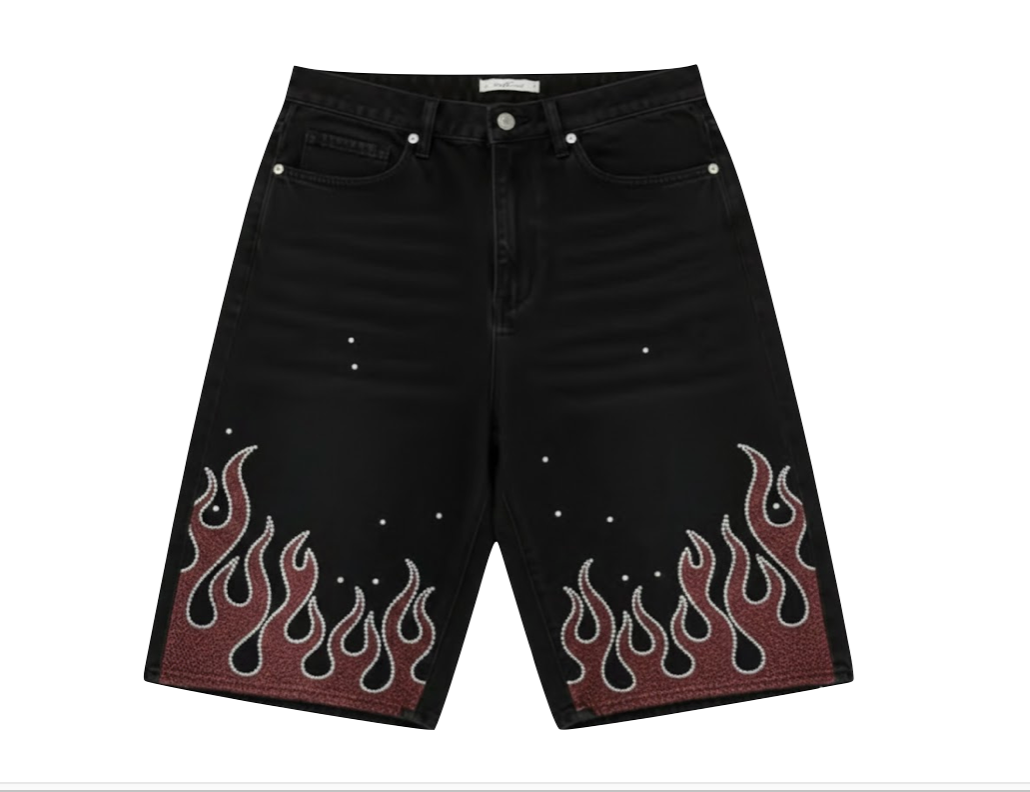 Flame Rhinestone Denim Shorts Black ( Pre- order)