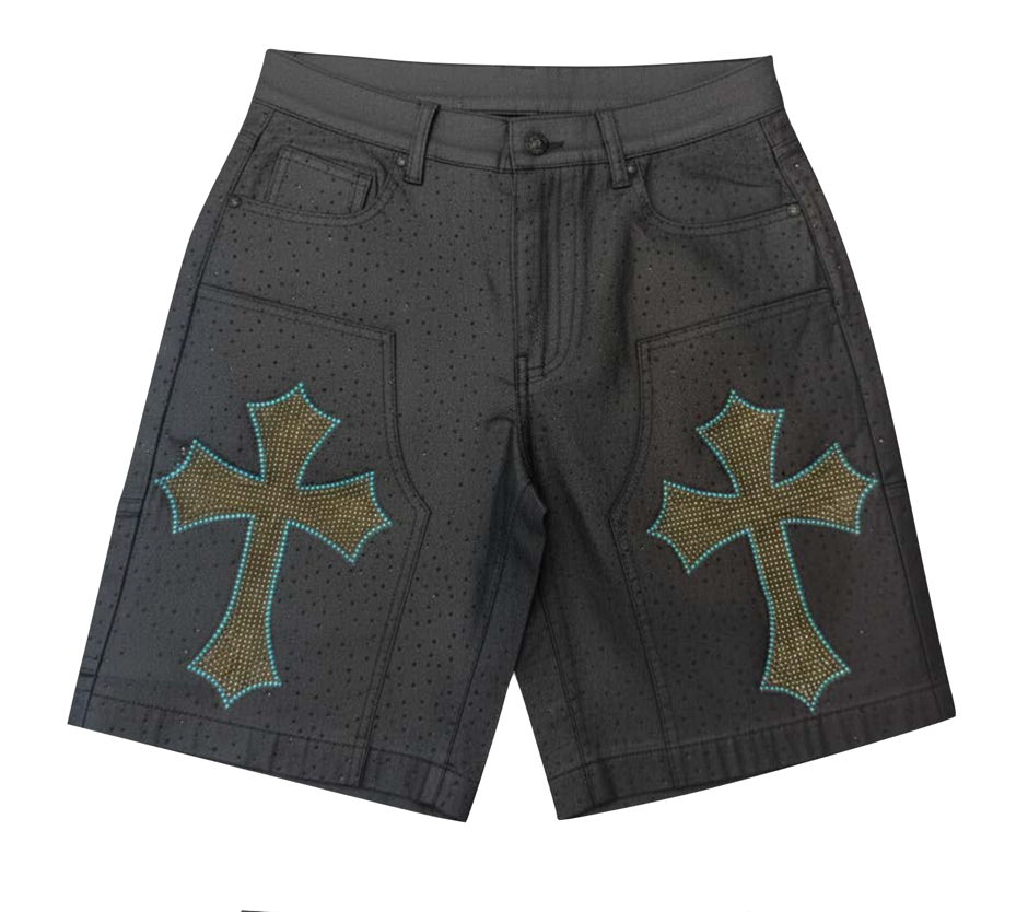 Yellow Cross Rhinestone Denim Shorts (Pre-order)