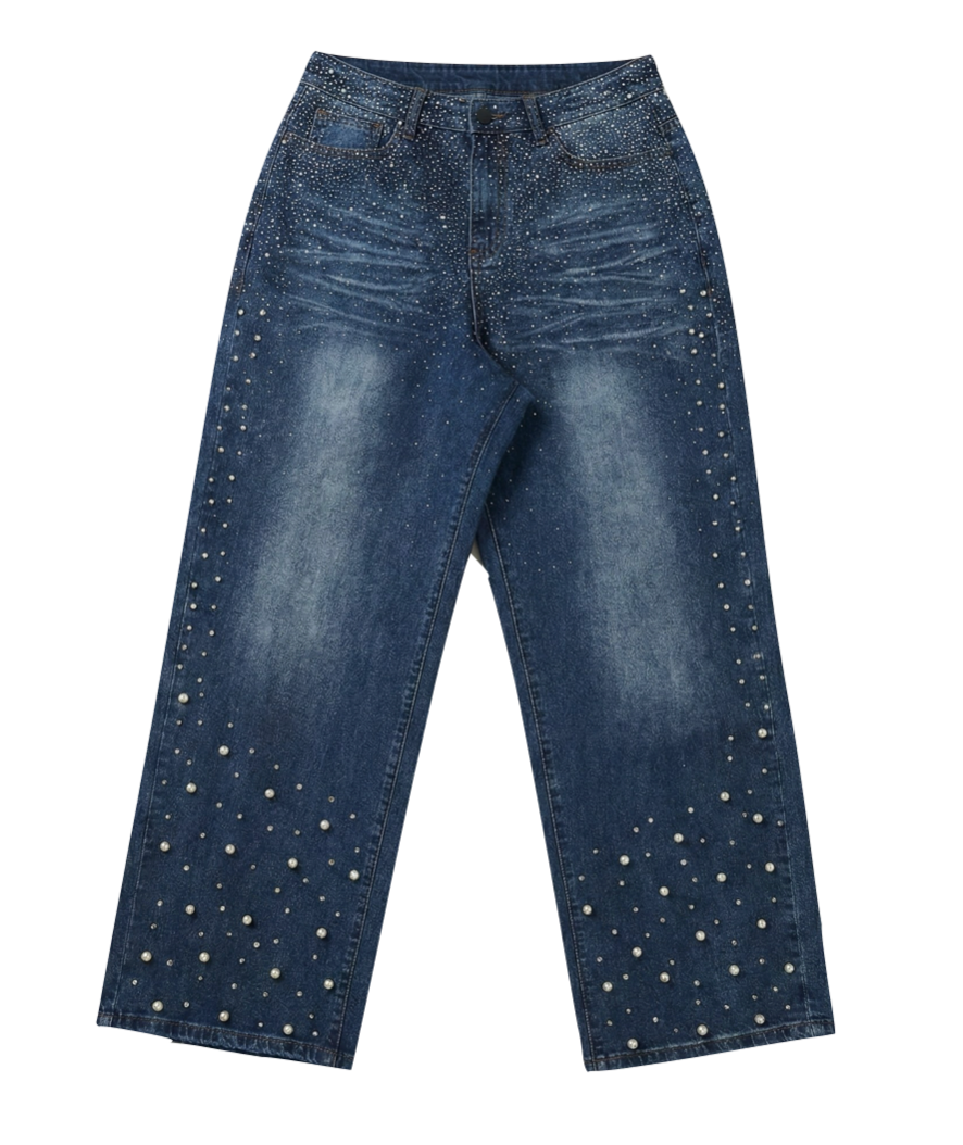 Allover Rhinestone Straight-Leg Denim Jeans (Pre-order)
