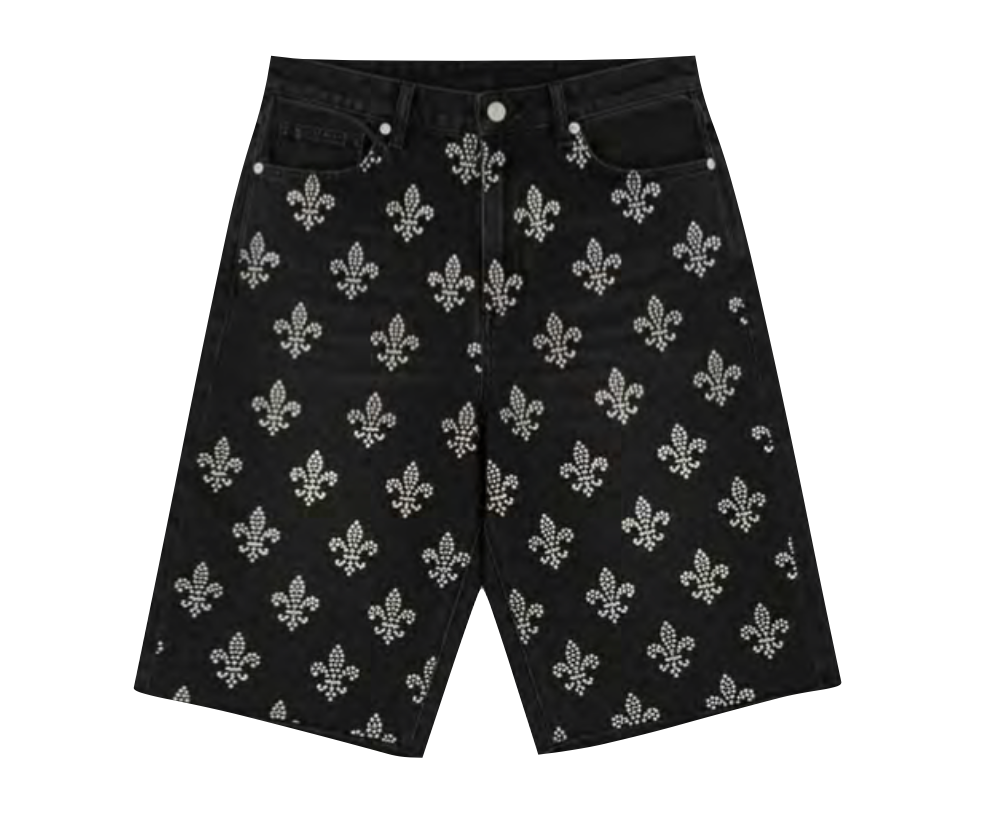 Fleur-de-Lis Rhinestone Denim Shorts Black (Pre-order)