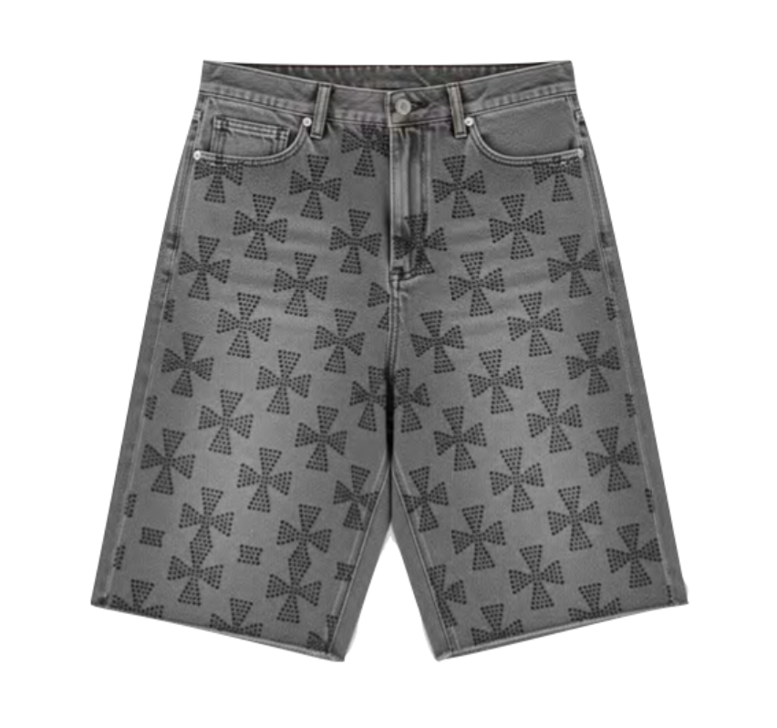 Allover Cross Rhinestone Denim Shorts Grey (Pre-order)