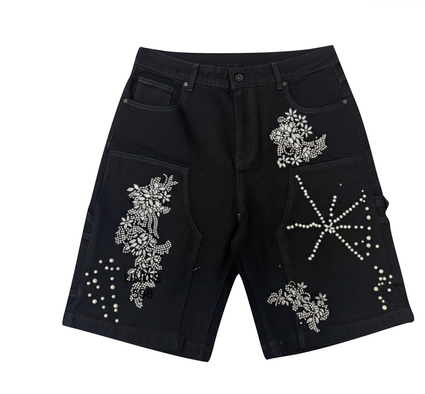 Mixed Motif Rhinestone Denim Shorts Black (Pre-oder)
