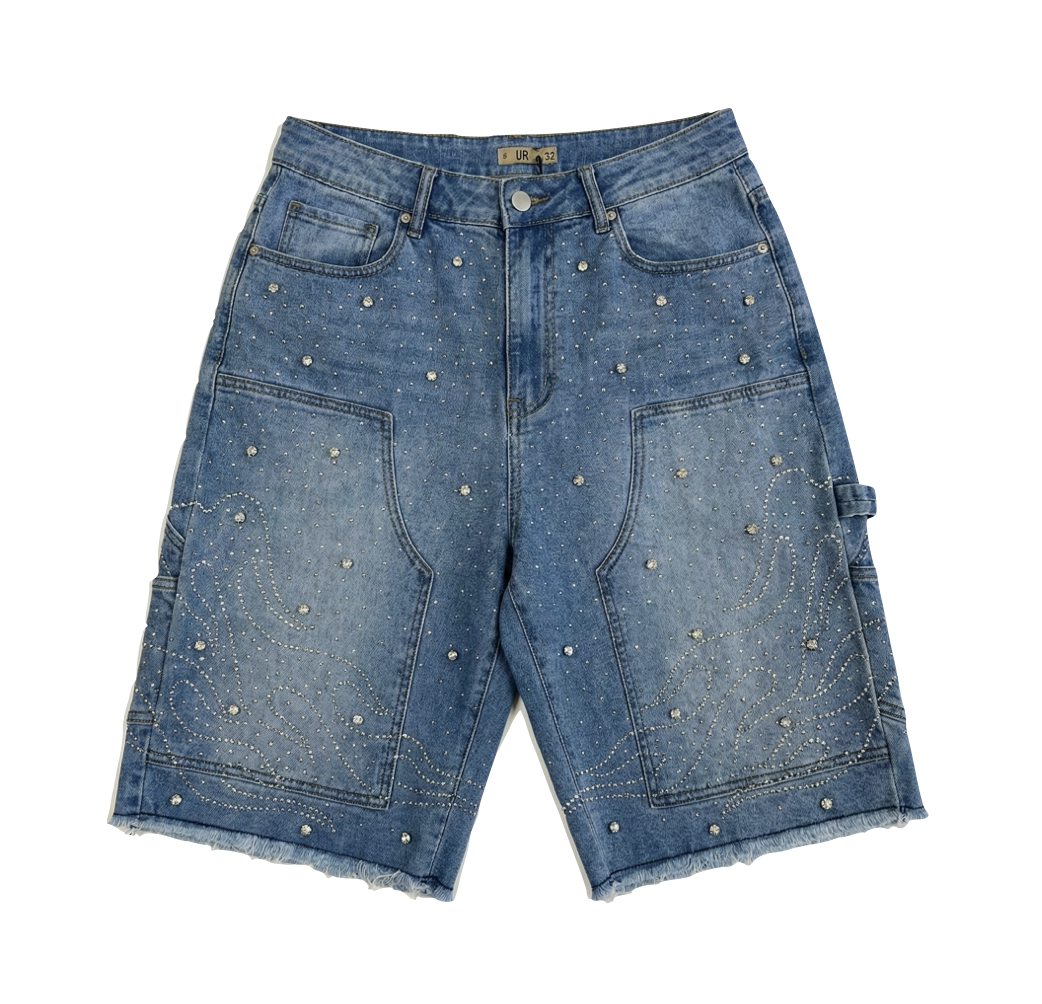 Starry Flame Rhinestone Denim Shorts Blue (Pre-order)