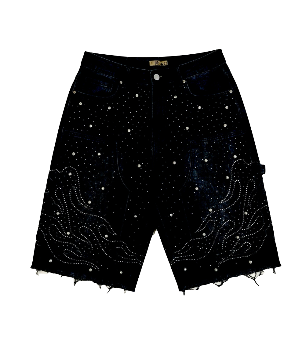 Starry Flame Rhinestone Denim Shorts Blue (Pre-order)