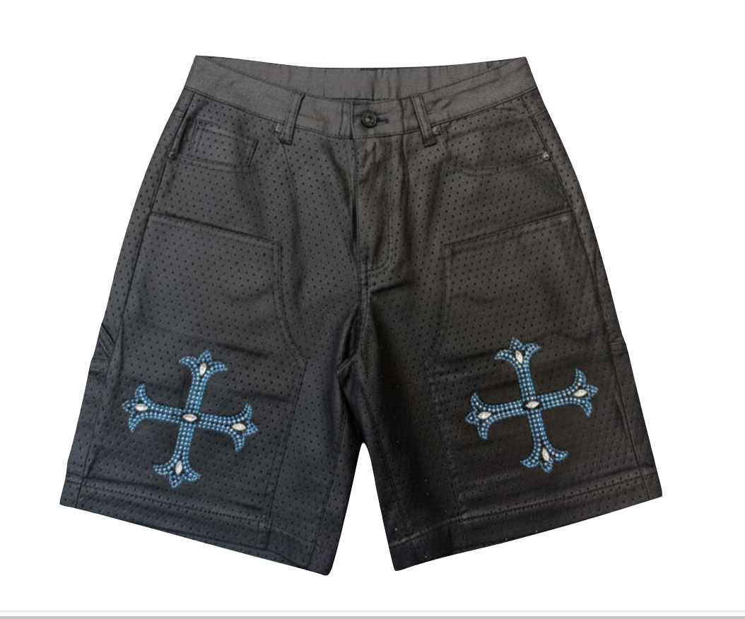 Blue Cross Rhinestone Denim Shorts (Pre-order)