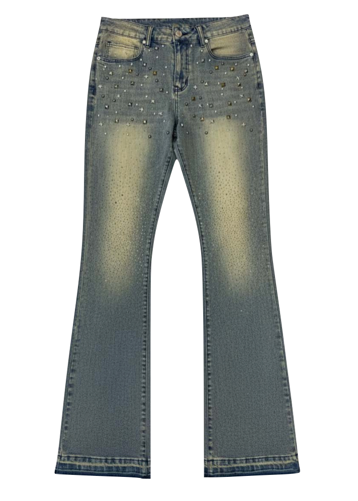 Stud-Style Rhinestone Denim Jeans Green (Pre-order)