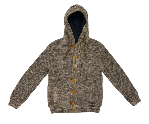 Brown Waffle-knit Button-front Hooded Cardigan