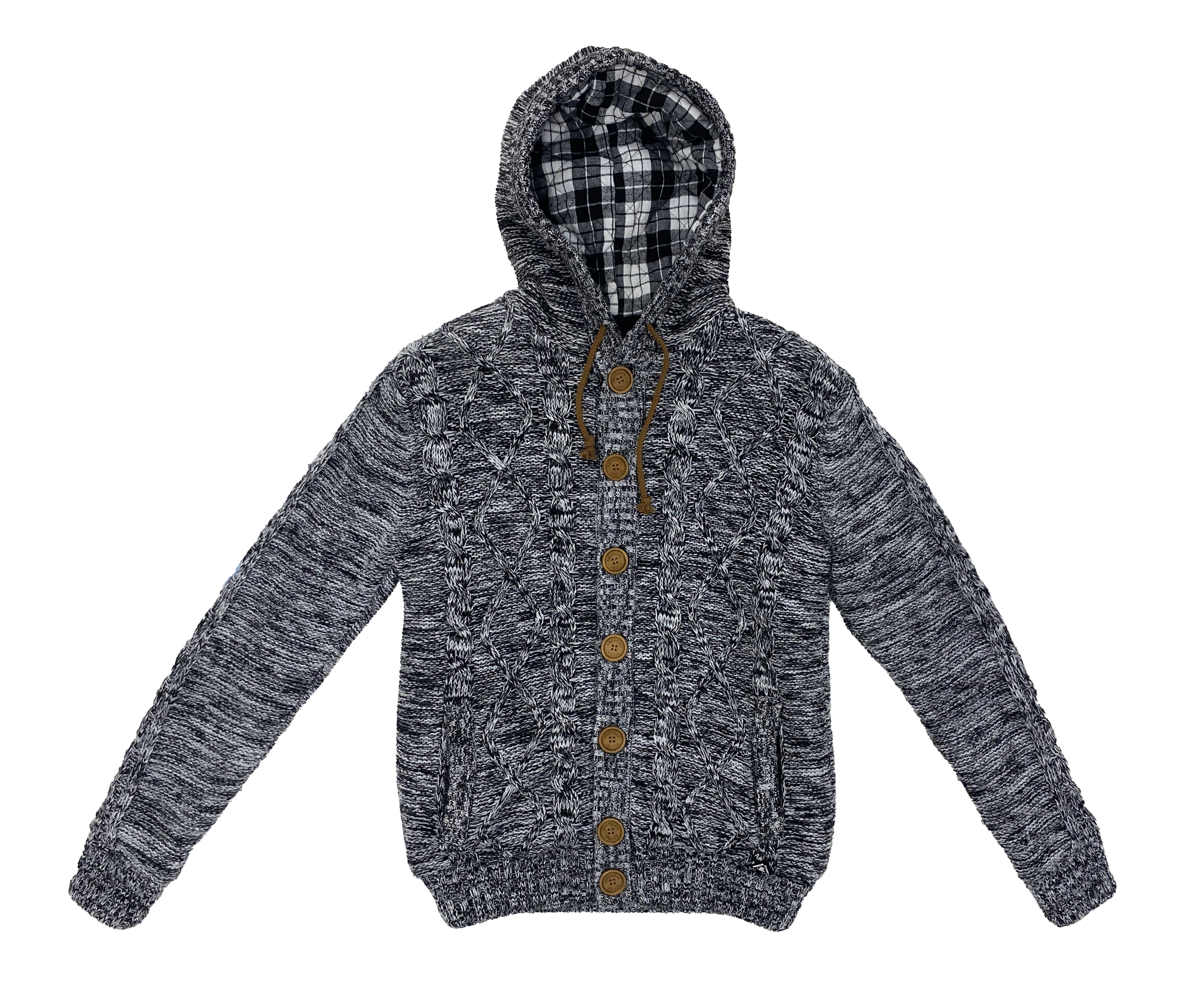 Dark Grey Waffle-knit Button-front Hooded Cardigan