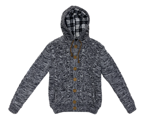 Dark Grey Waffle-knit Button-front Hooded Cardigan