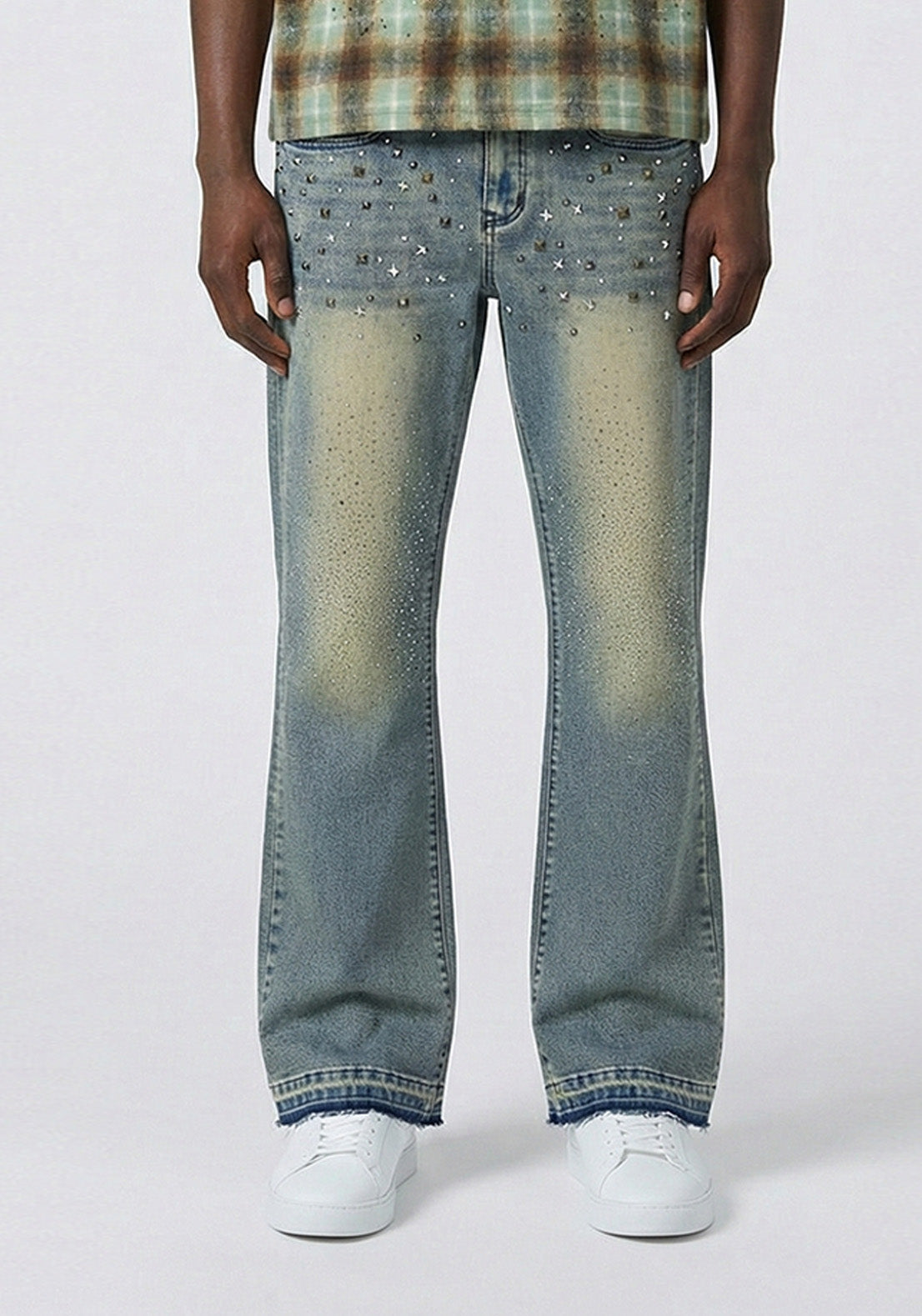 Stud-Style Rhinestone Denim Jeans Green (Pre-order)