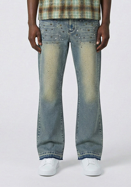 Stud-Style Rhinestone Denim Jeans Green (Pre-order)
