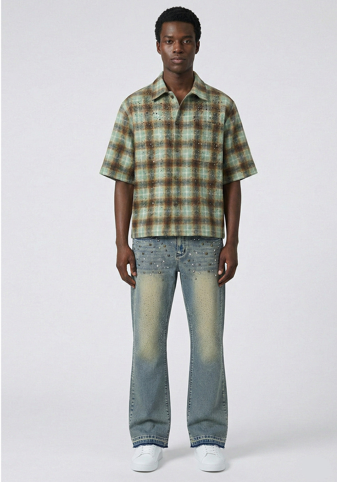 Stud-Style Rhinestone Denim Jeans Green (Pre-order)