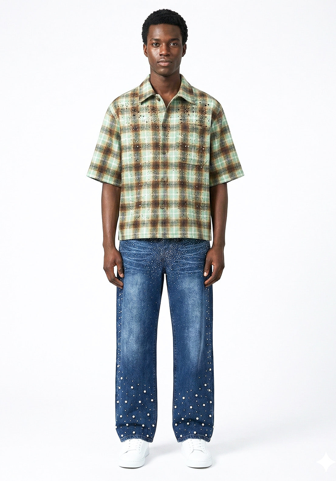 Allover Rhinestone Straight-Leg Denim Jeans (Pre-order)