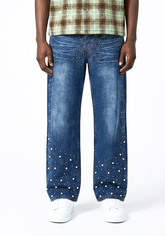 Allover Rhinestone Straight-Leg Denim Jeans (Pre-order)