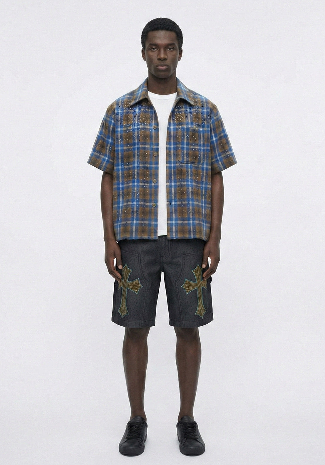 Yellow Cross Rhinestone Denim Shorts (Pre-order)