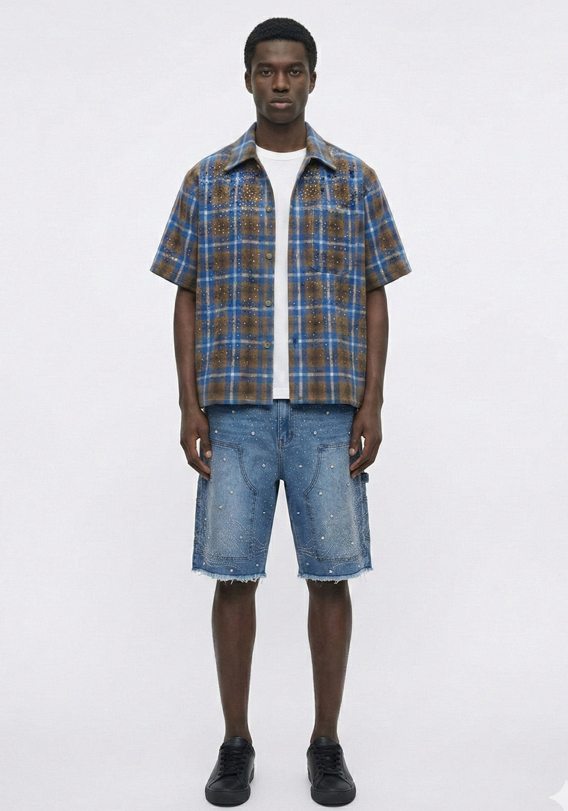 Starry Flame Rhinestone Denim Shorts Blue (Pre-order)