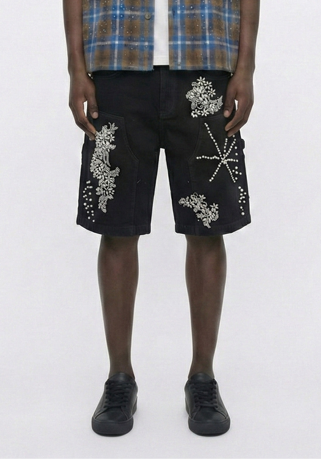 Mixed Motif Rhinestone Denim Shorts Black (Pre-oder)