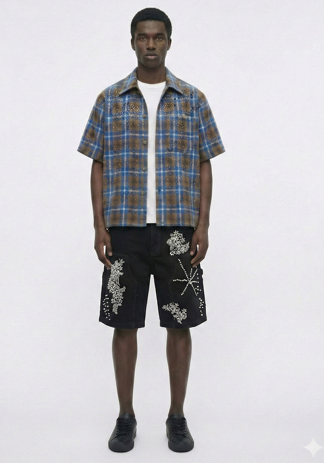 Mixed Motif Rhinestone Denim Shorts Black (Pre-oder)