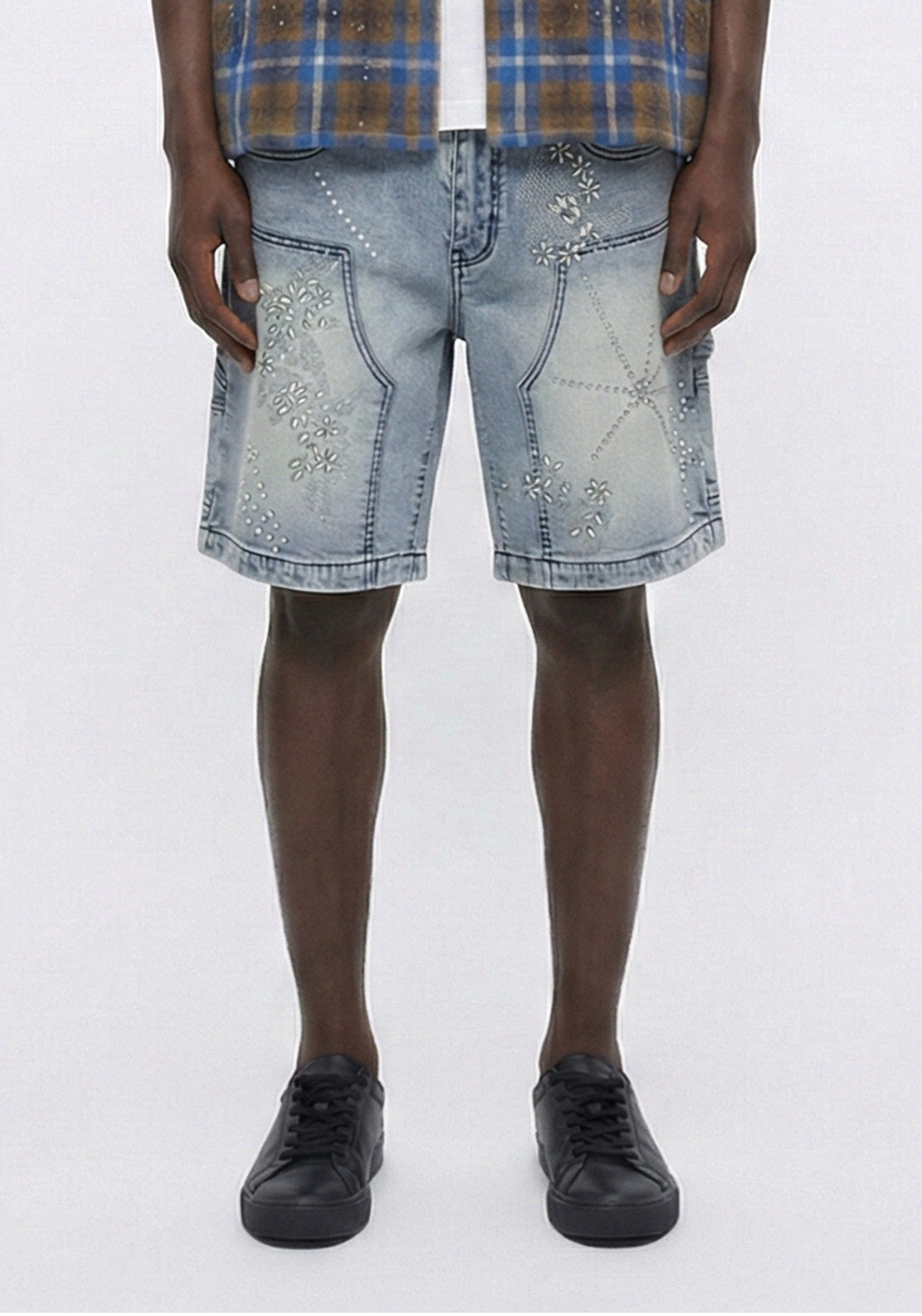 Mixed Motif Rhinestone Denim Shorts Black (Pre-oder)