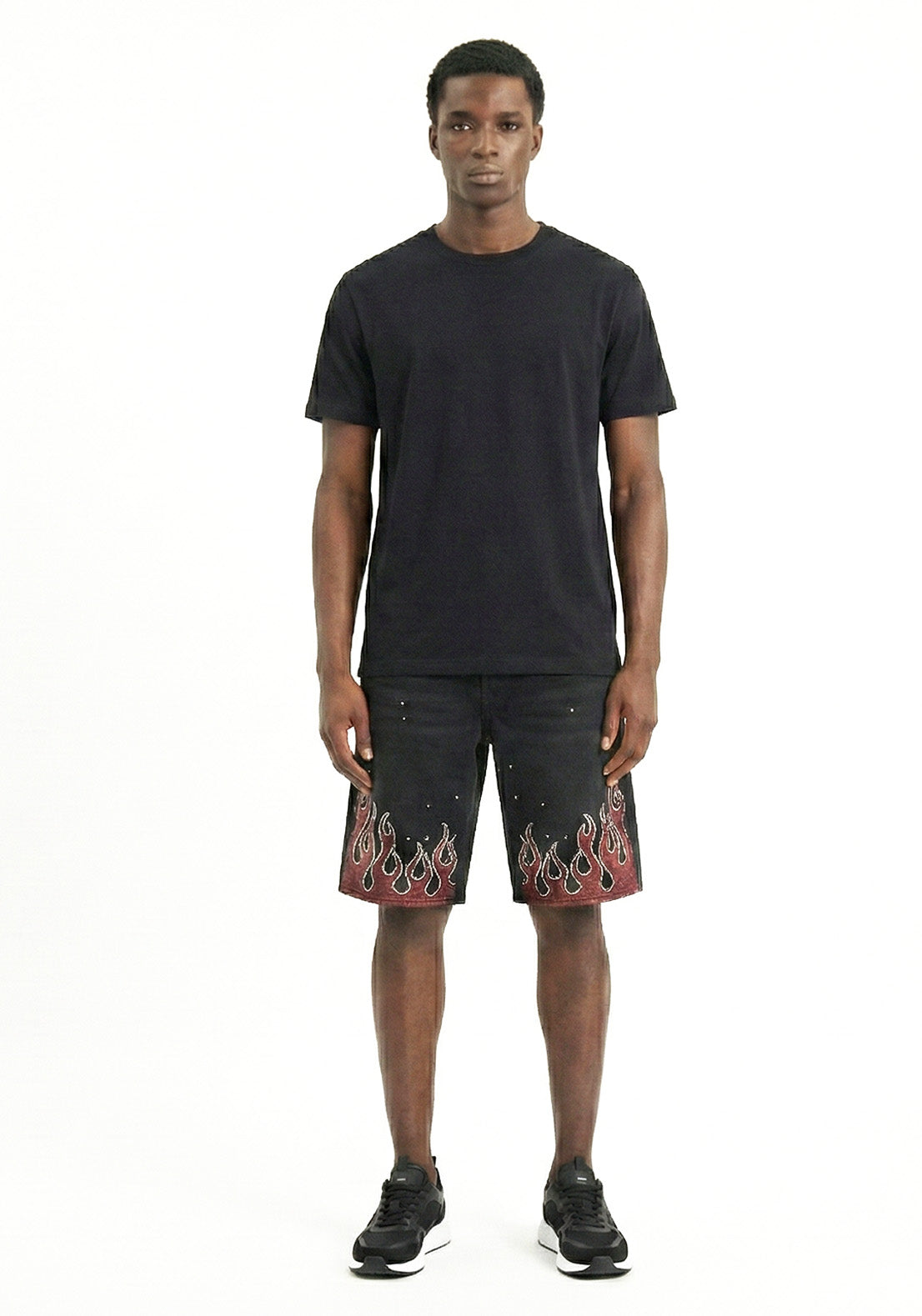 Flame Rhinestone Denim Shorts Black ( Pre- order)