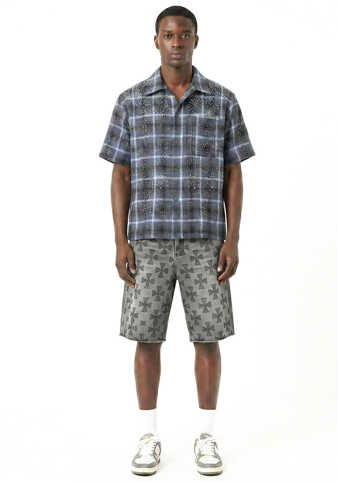 Allover Cross Rhinestone Denim Shorts Grey (Pre-order)