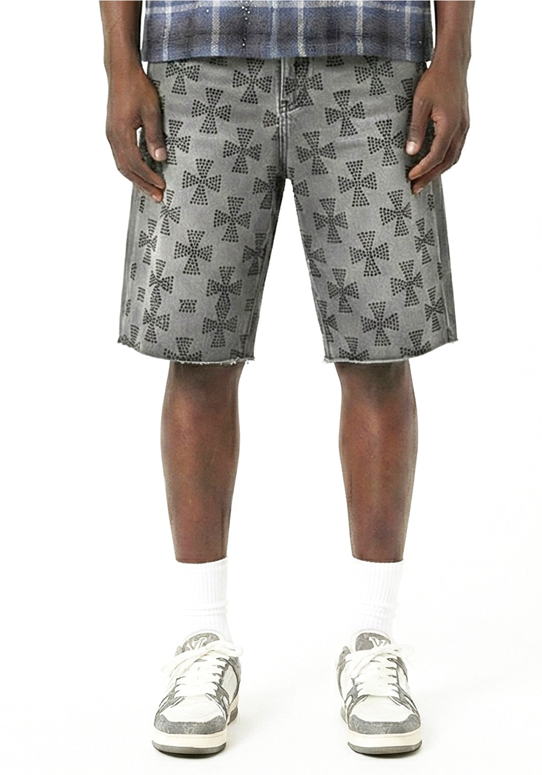 Allover Cross Rhinestone Denim Shorts Grey (Pre-order)