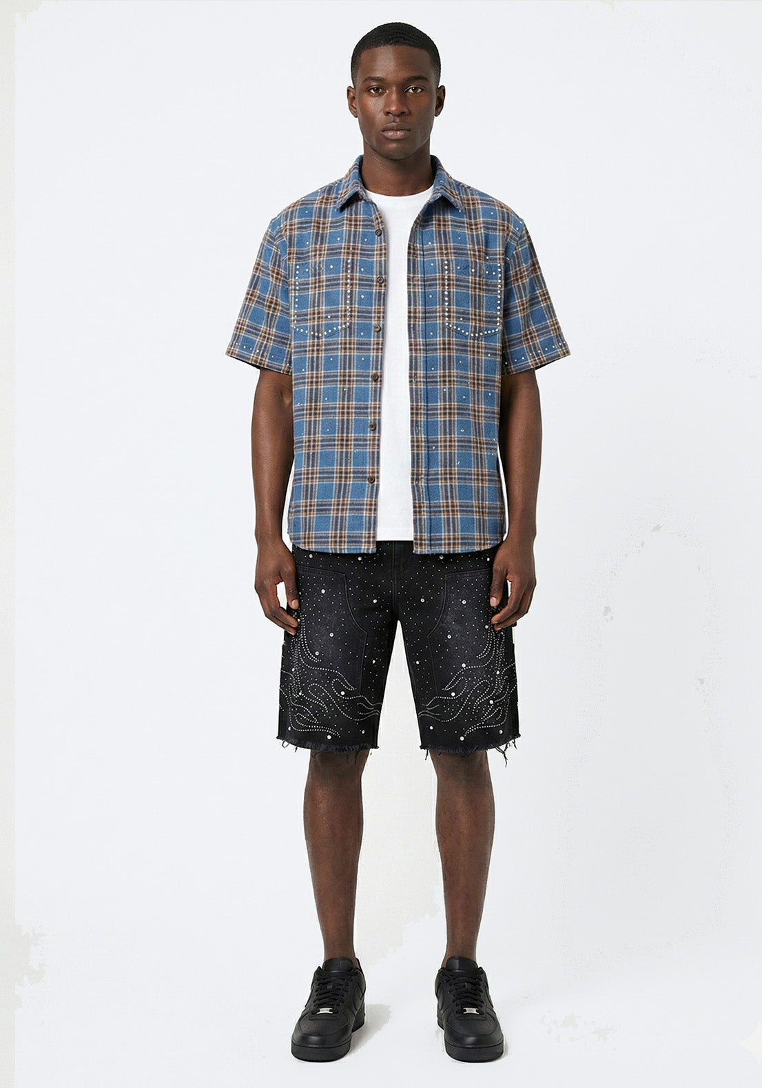 Starry Flame Rhinestone Denim Shorts Blue (Pre-order)