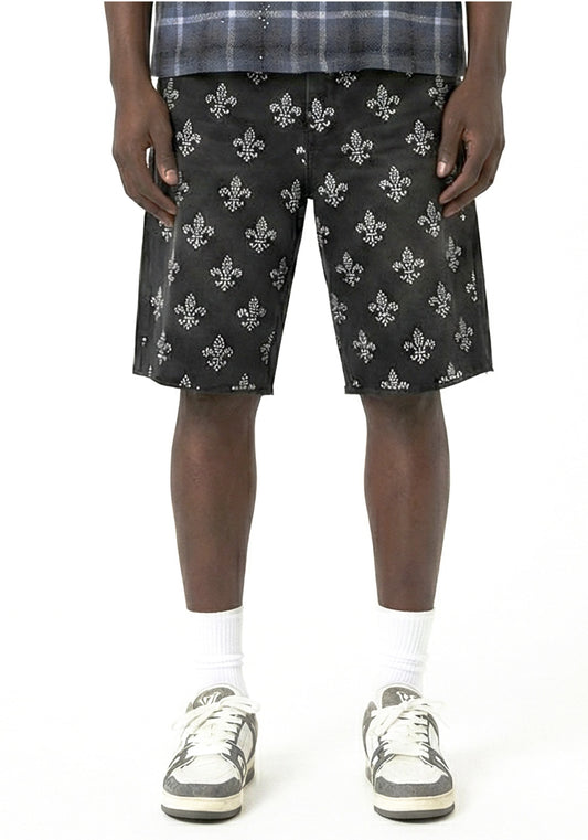 Fleur-de-Lis Rhinestone Denim Shorts Black (Pre-order)