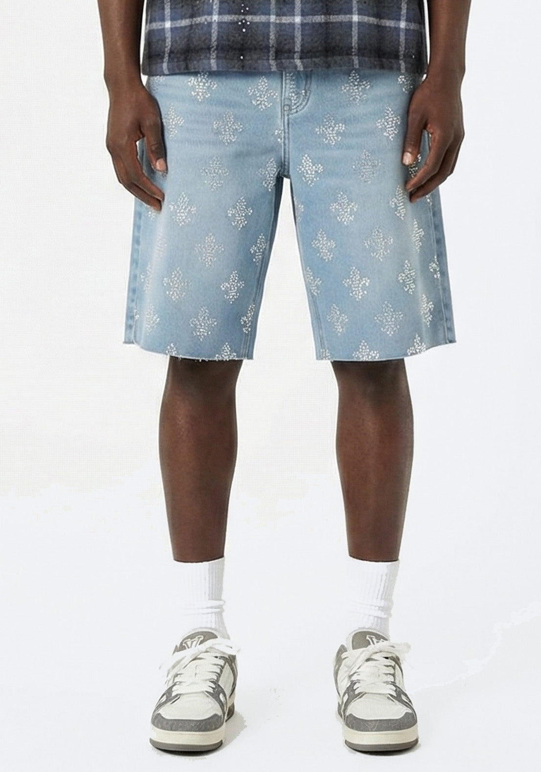 Fleur-de-Lis Rhinestone Denim Shorts Black (Pre-order)