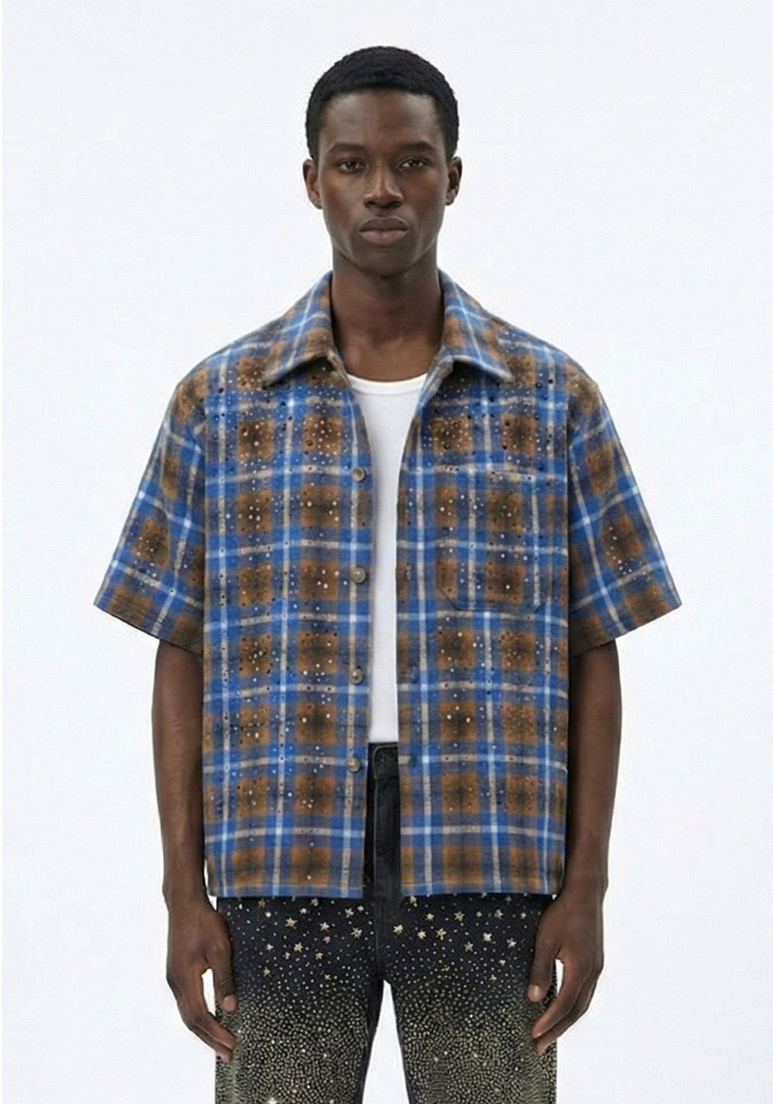 Speckled Plaid Short-Sleeve Shirt Blue(Pre-order)