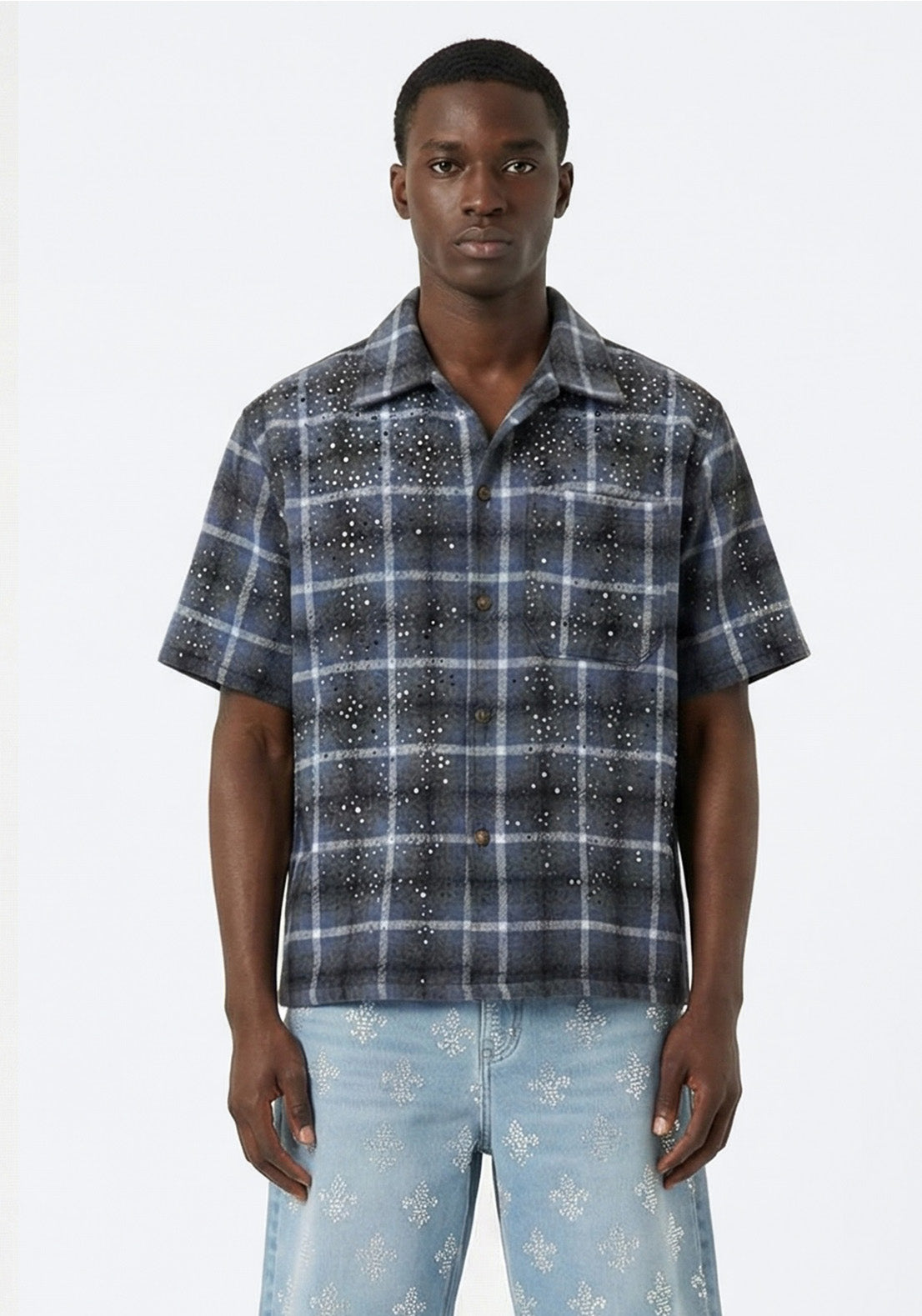 Speckled Plaid Short-Sleeve Shirt Blue(Pre-order)