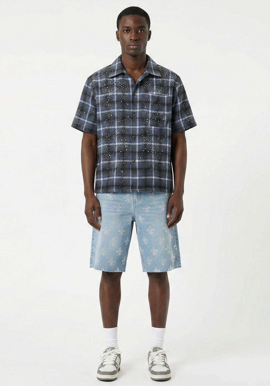 Fleur-de-Lis Rhinestone Denim Shorts Black (Pre-order)