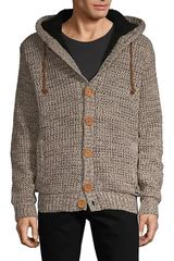 Brown Waffle-knit Button-front Hooded Cardigan