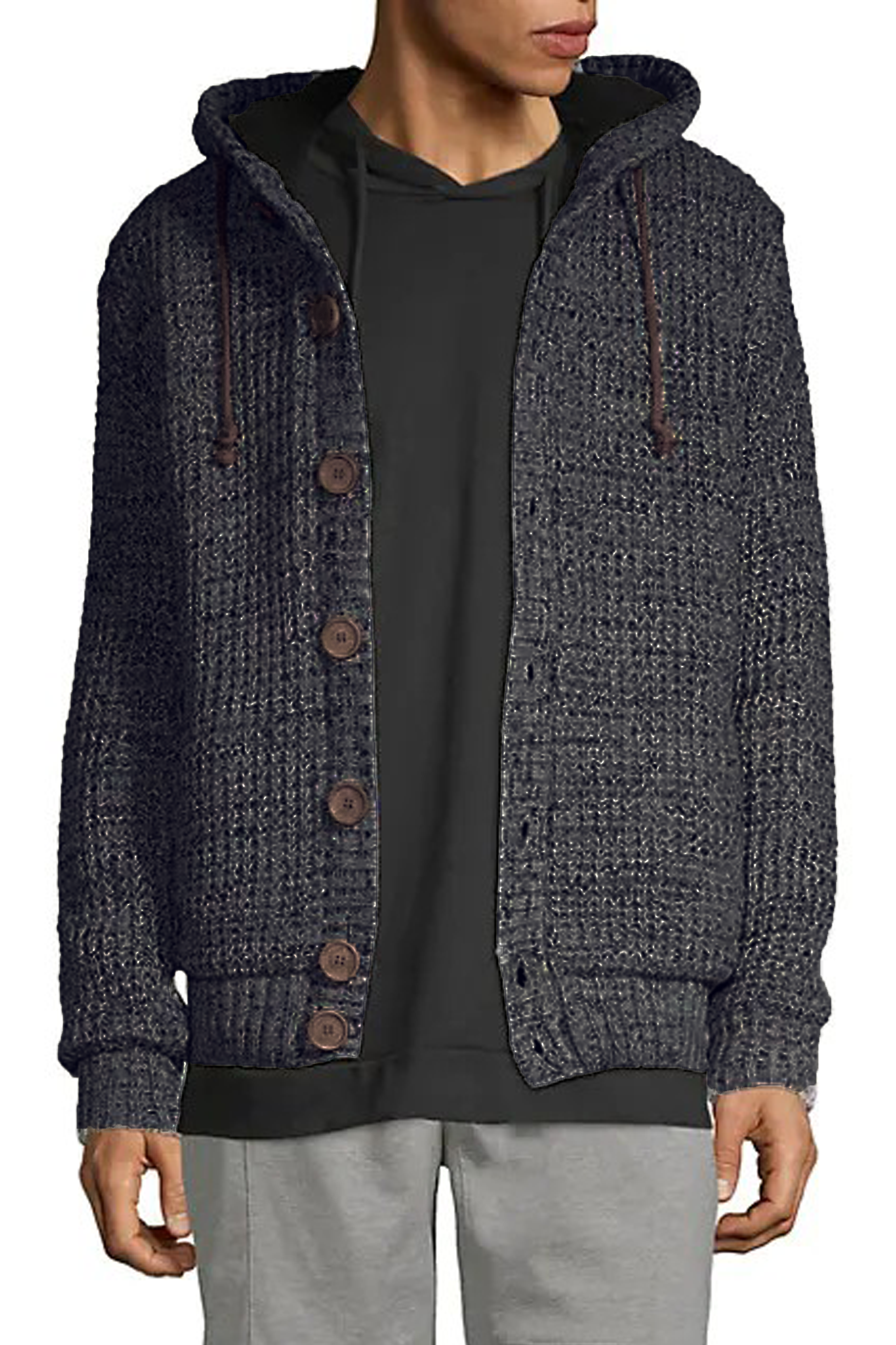 Charcoal Waffle-knit Button-front Hooded Cardigan