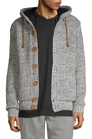 Grey Waffle-knit Button-front Hooded Cardigan