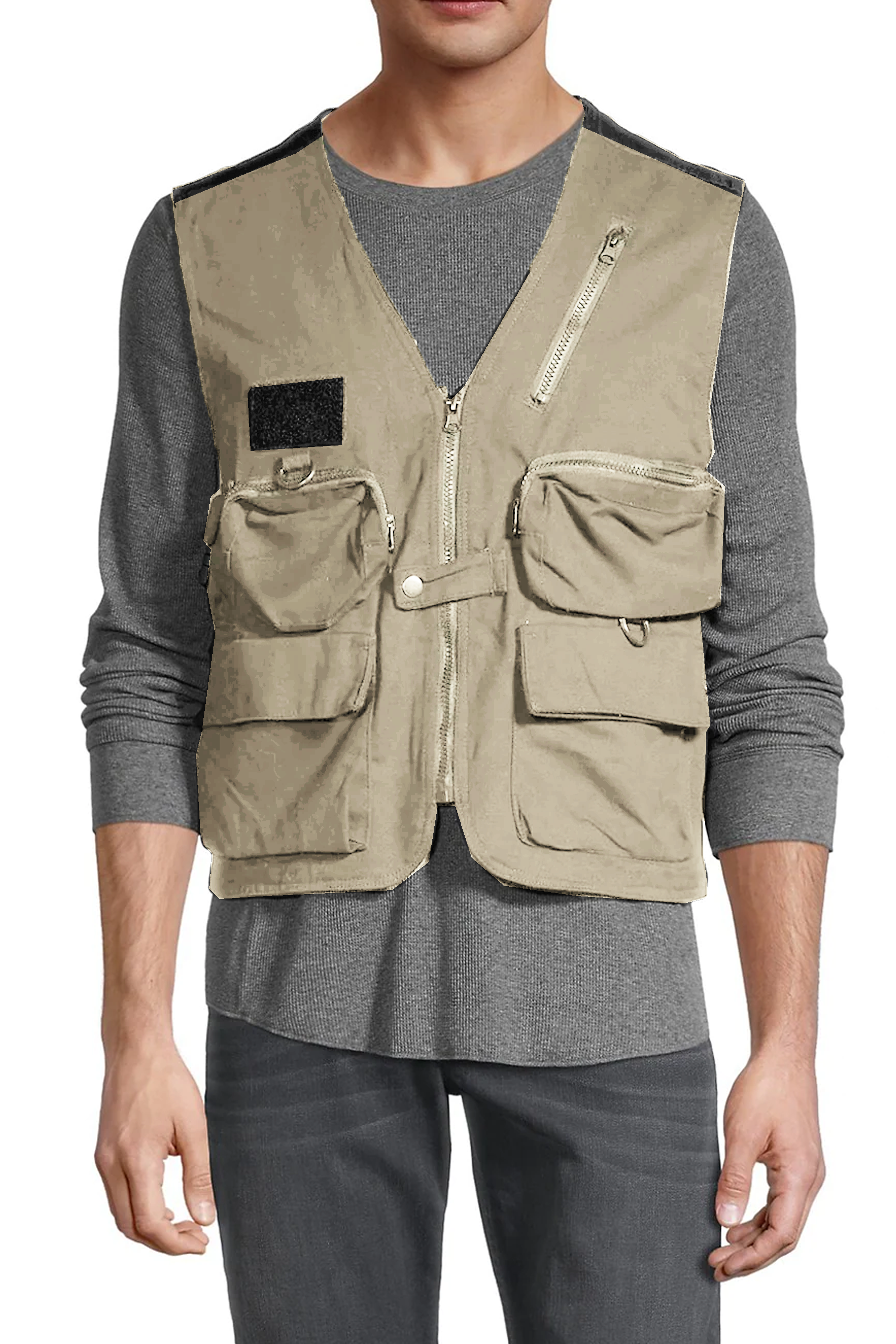 Khaki Zip-Up Utility Vest